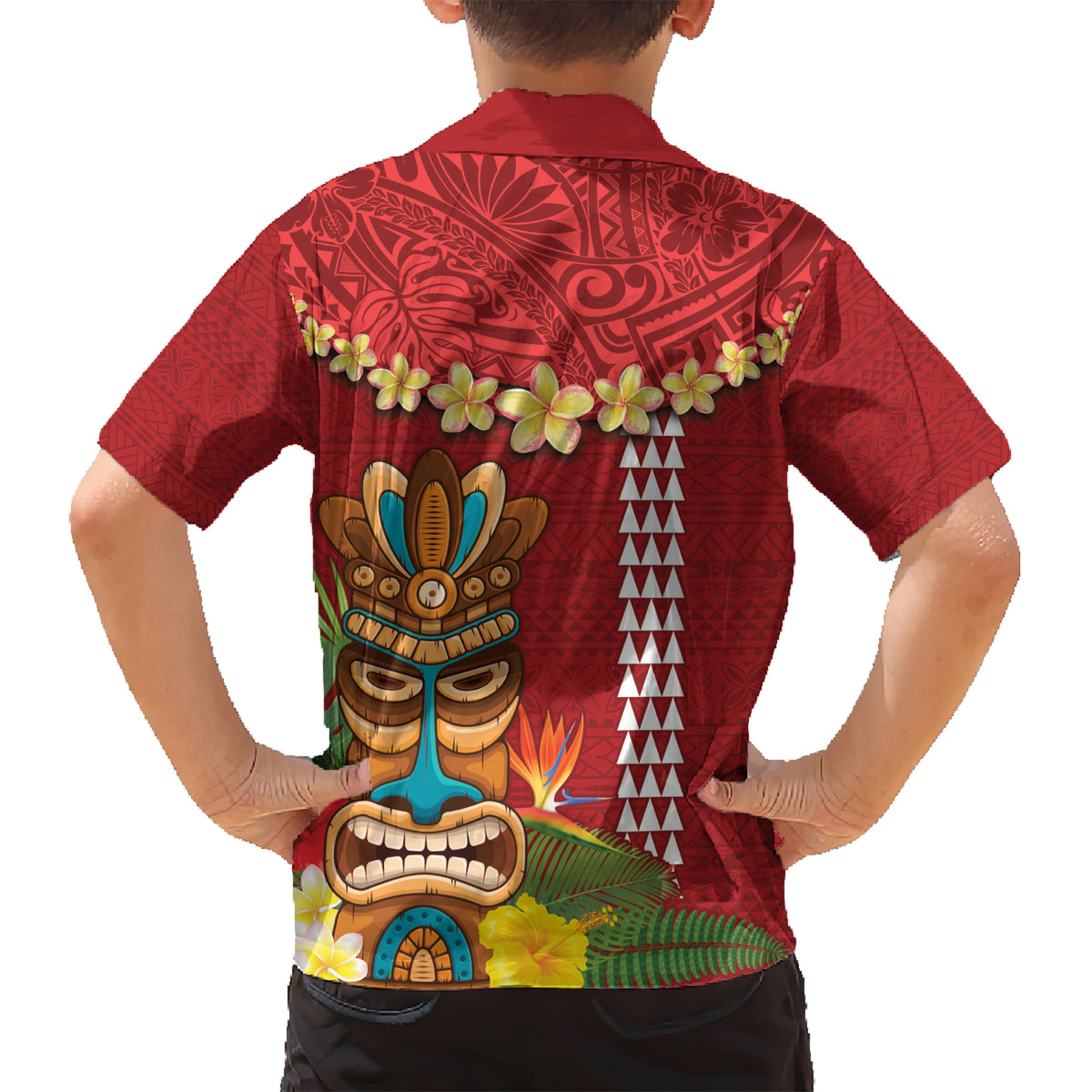 Hawaii Plumeria Lei Kid Hawaiian Shirt Tiki and Kakau Pattern Red Color LT03 - Polynesian Pride