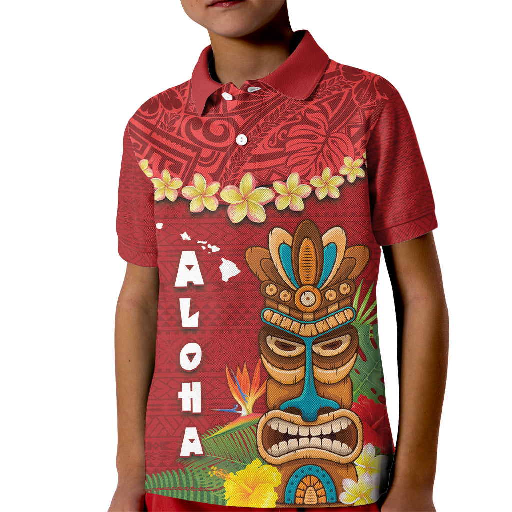 Hawaii Plumeria Lei Kid Polo Shirt Tiki and Kakau Pattern Red Color