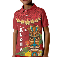 Hawaii Plumeria Lei Kid Polo Shirt Tiki and Kakau Pattern Red Color