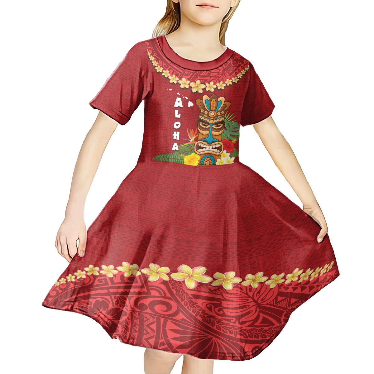 Hawaii Plumeria Lei Kid Short Sleeve Dress Tiki and Kakau Pattern Red Color