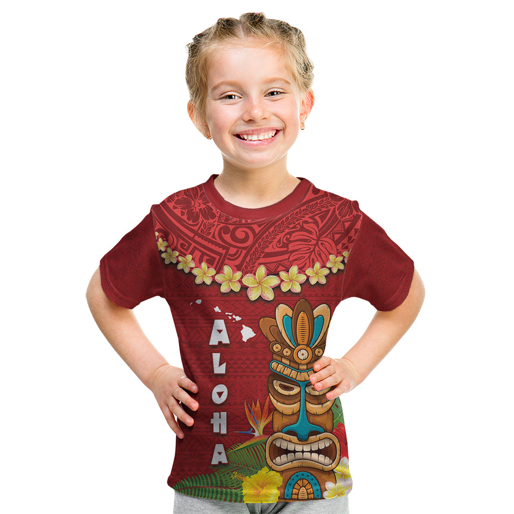 Hawaii Plumeria Lei Kid T Shirt Tiki and Kakau Pattern Red Color
