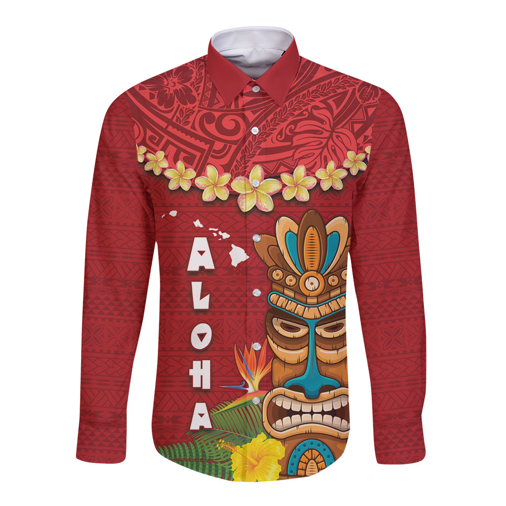 Hawaii Plumeria Lei Long Sleeve Button Shirt Tiki and Kakau Pattern Red Color LT03 Unisex Red - Polynesian Pride