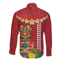 Hawaii Plumeria Lei Long Sleeve Button Shirt Tiki and Kakau Pattern Red Color LT03 - Polynesian Pride