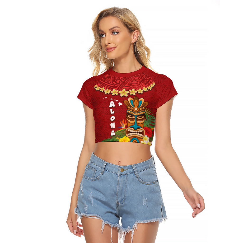 Hawaii Plumeria Lei Raglan Cropped T Shirt Tiki and Kakau Pattern Red Color
