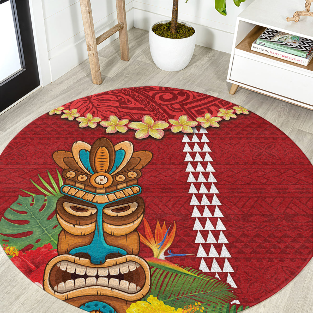 Hawaii Plumeria Lei Round Carpet Tiki and Kakau Pattern Red Color LT03 Red - Polynesian Pride