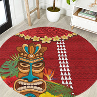 Hawaii Plumeria Lei Round Carpet Tiki and Kakau Pattern Red Color LT03 Red - Polynesian Pride