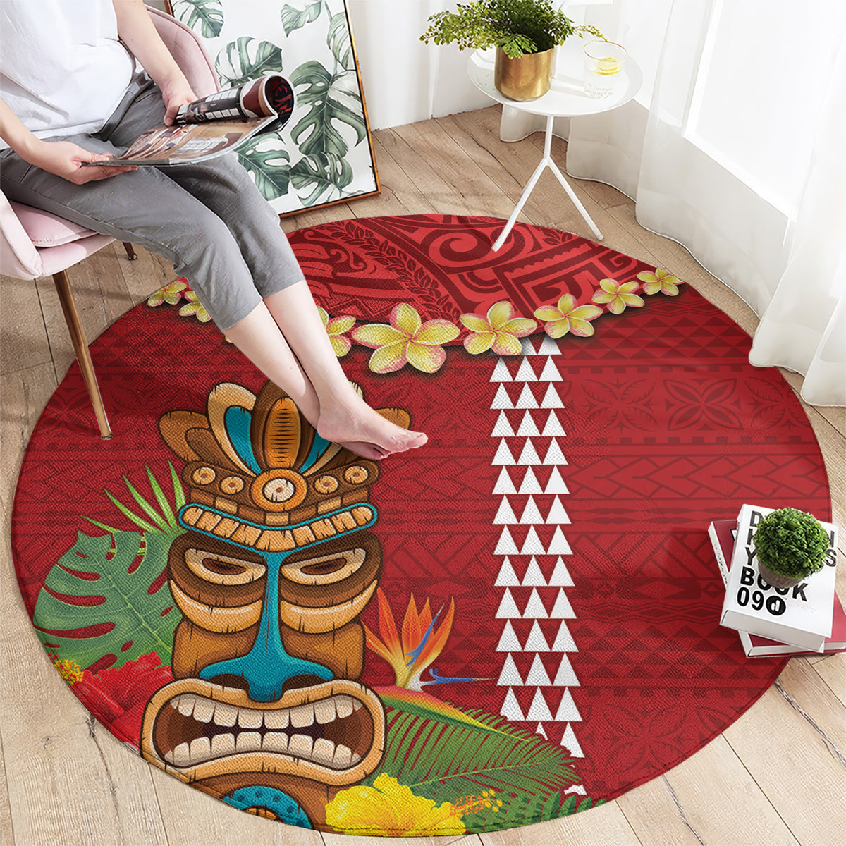 Hawaii Plumeria Lei Round Carpet Tiki and Kakau Pattern Red Color LT03 - Polynesian Pride