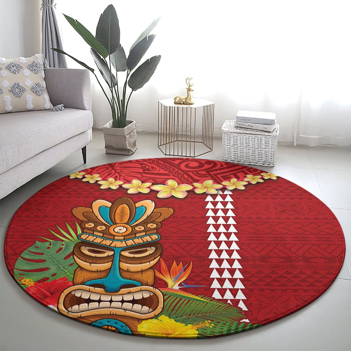 Hawaii Plumeria Lei Round Carpet Tiki and Kakau Pattern Red Color LT03 - Polynesian Pride