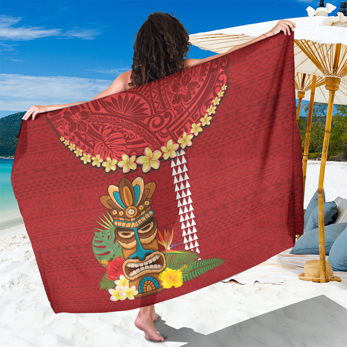 Hawaii Plumeria Lei Sarong Tiki and Kakau Pattern Red Color LT03 One Size 44 x 66 inches Red - Polynesian Pride