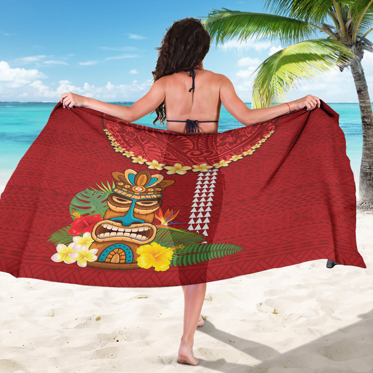 Hawaii Plumeria Lei Sarong Tiki and Kakau Pattern Red Color LT03 - Polynesian Pride