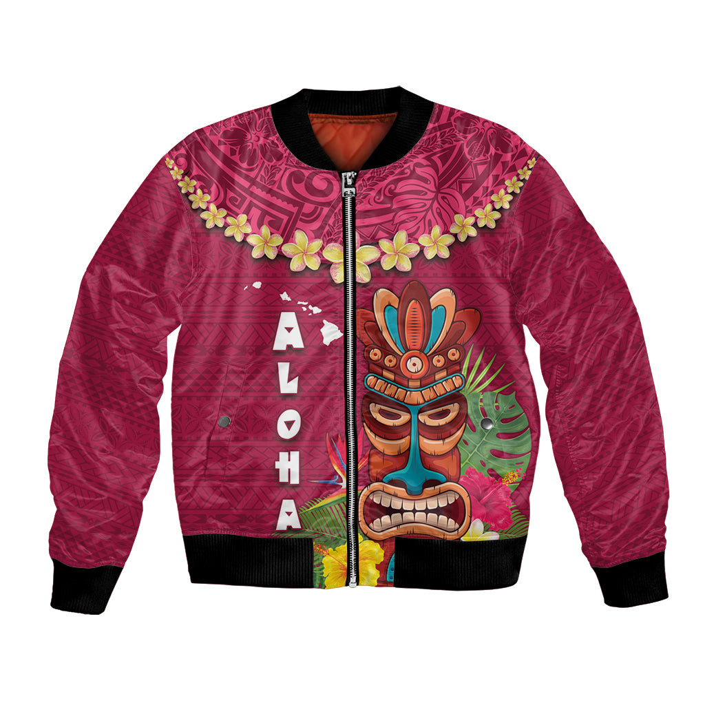 Hawaii Plumeria Lei Bomber Jacket Tiki and Kakau Pattern Pink Color