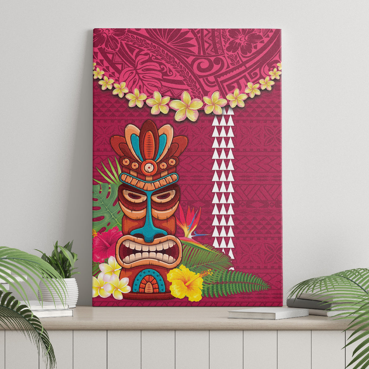 Hawaii Plumeria Lei Canvas Wall Art Tiki and Kakau Pattern Pink Color