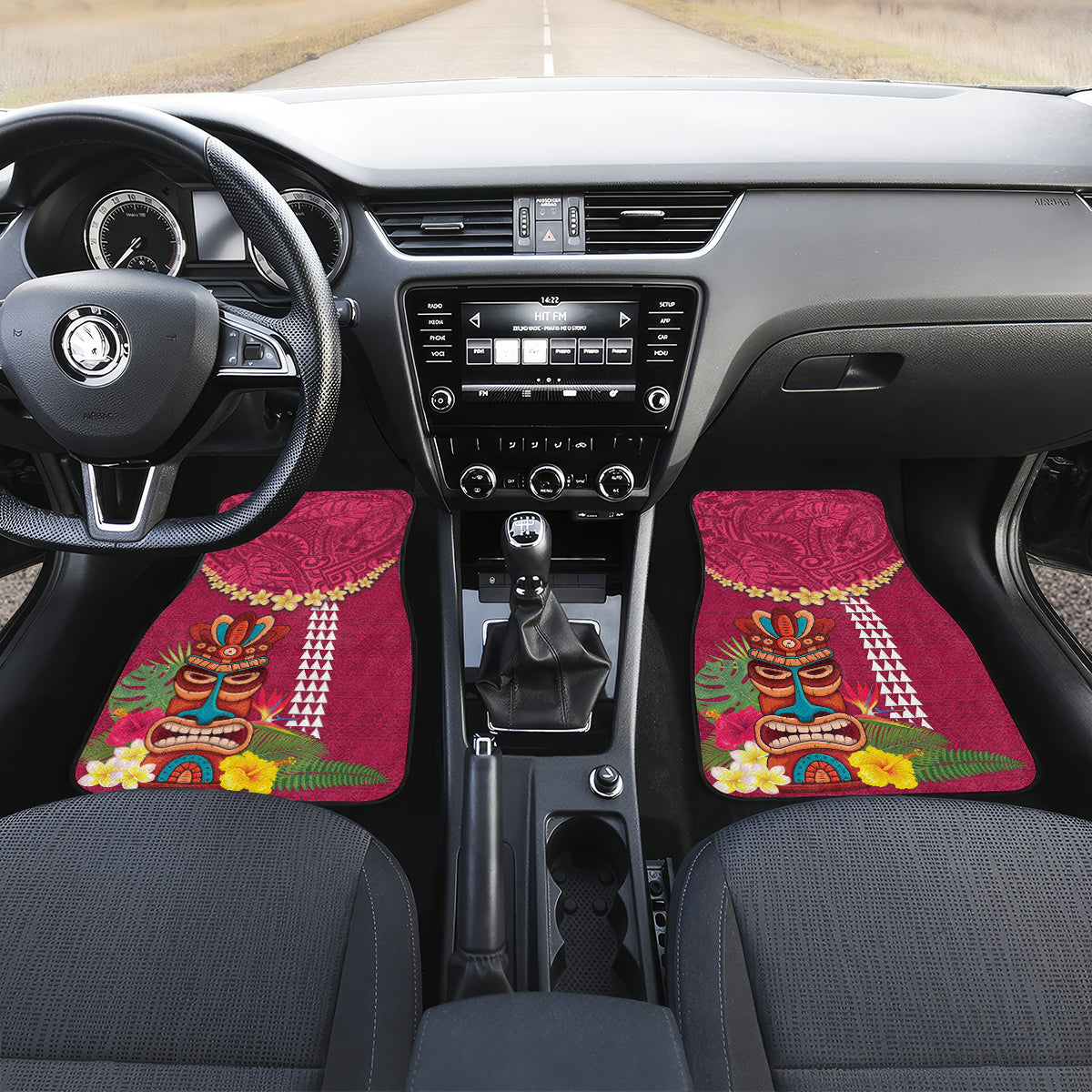 Hawaii Plumeria Lei Car Mats Tiki and Kakau Pattern Pink Color LT03 Set 2pcs - Front Pink - Polynesian Pride