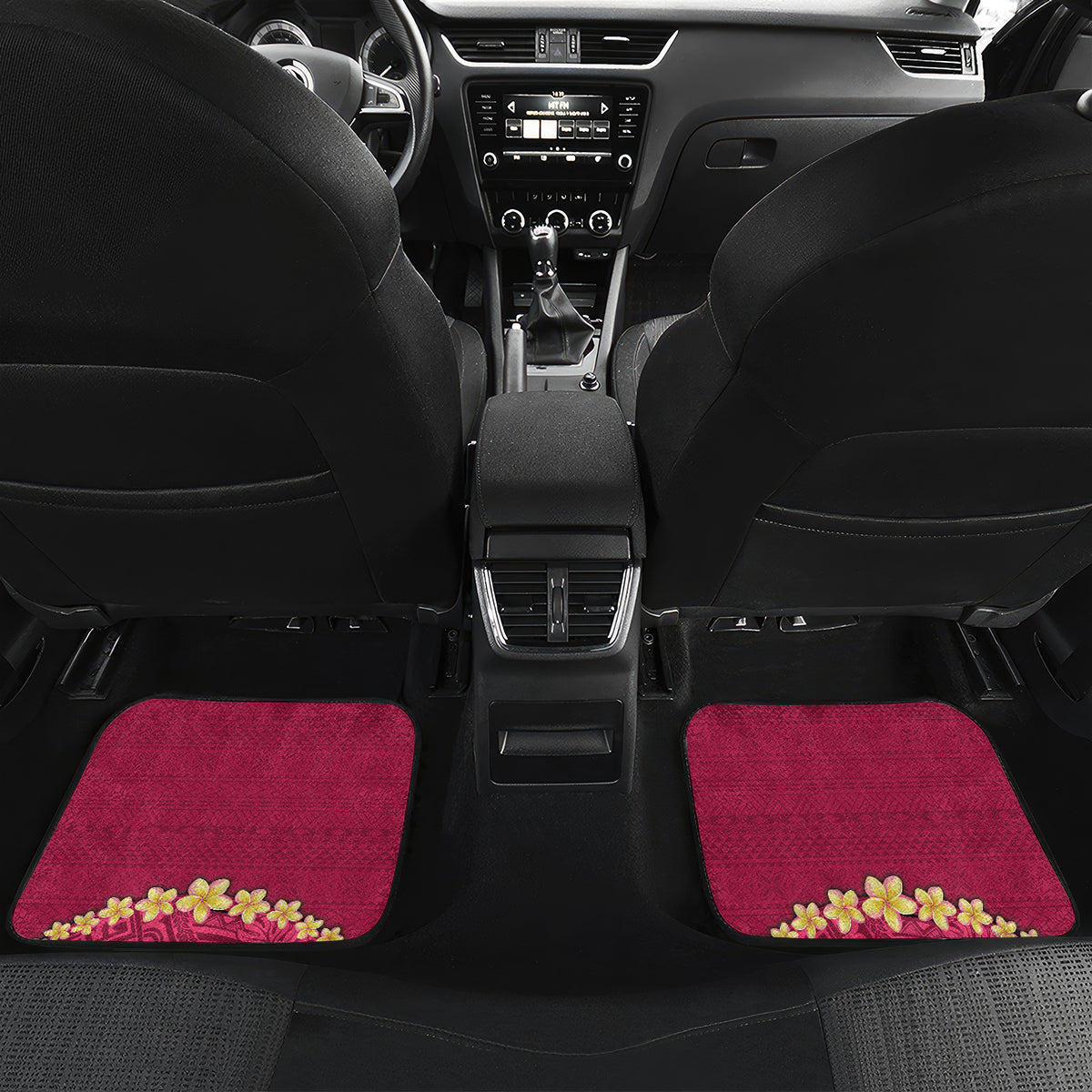 Hawaii Plumeria Lei Car Mats Tiki and Kakau Pattern Pink Color LT03 Set 2pcs - Back Pink - Polynesian Pride