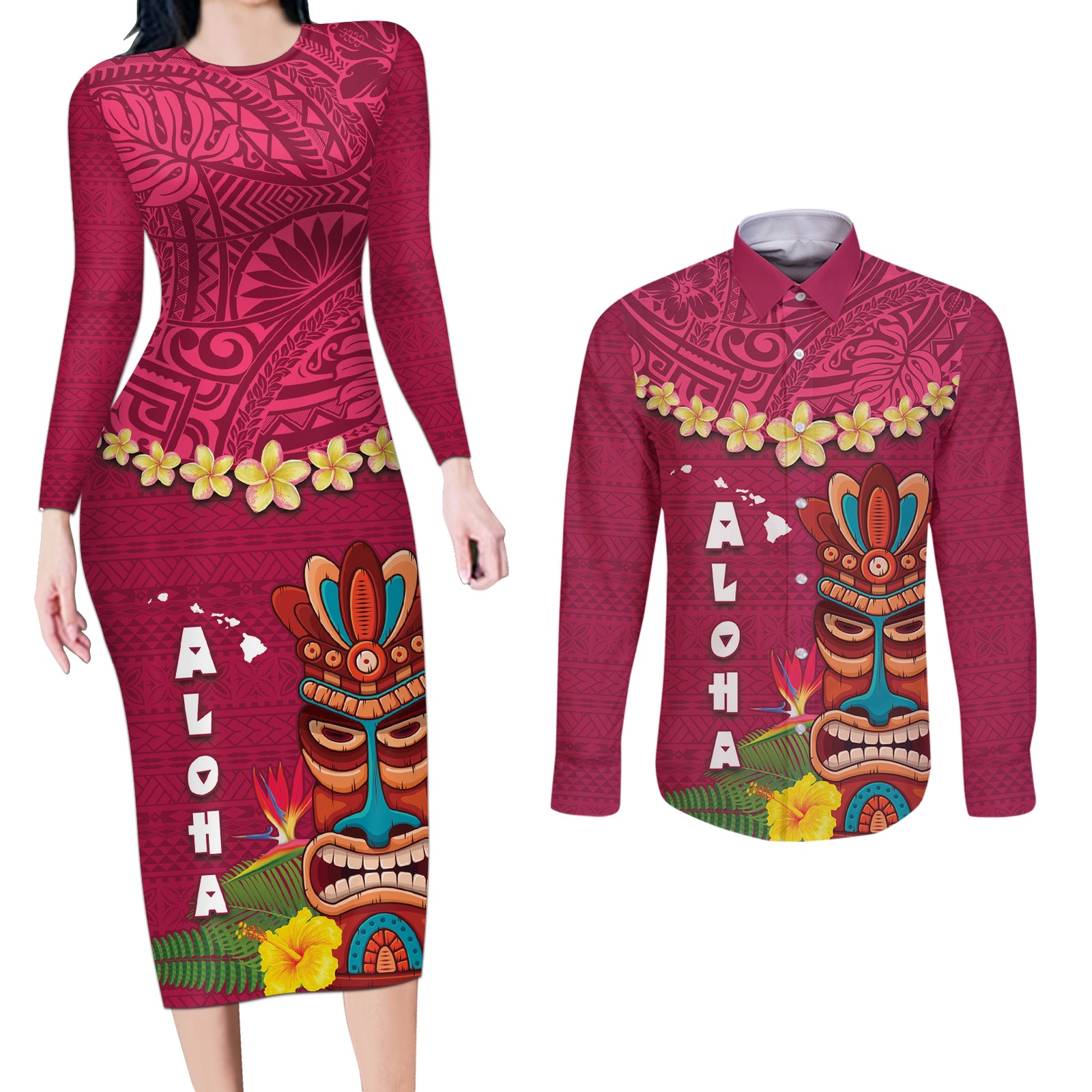 Hawaii Plumeria Lei Couples Matching Long Sleeve Bodycon Dress and Long Sleeve Button Shirt Tiki and Kakau Pattern Pink Color