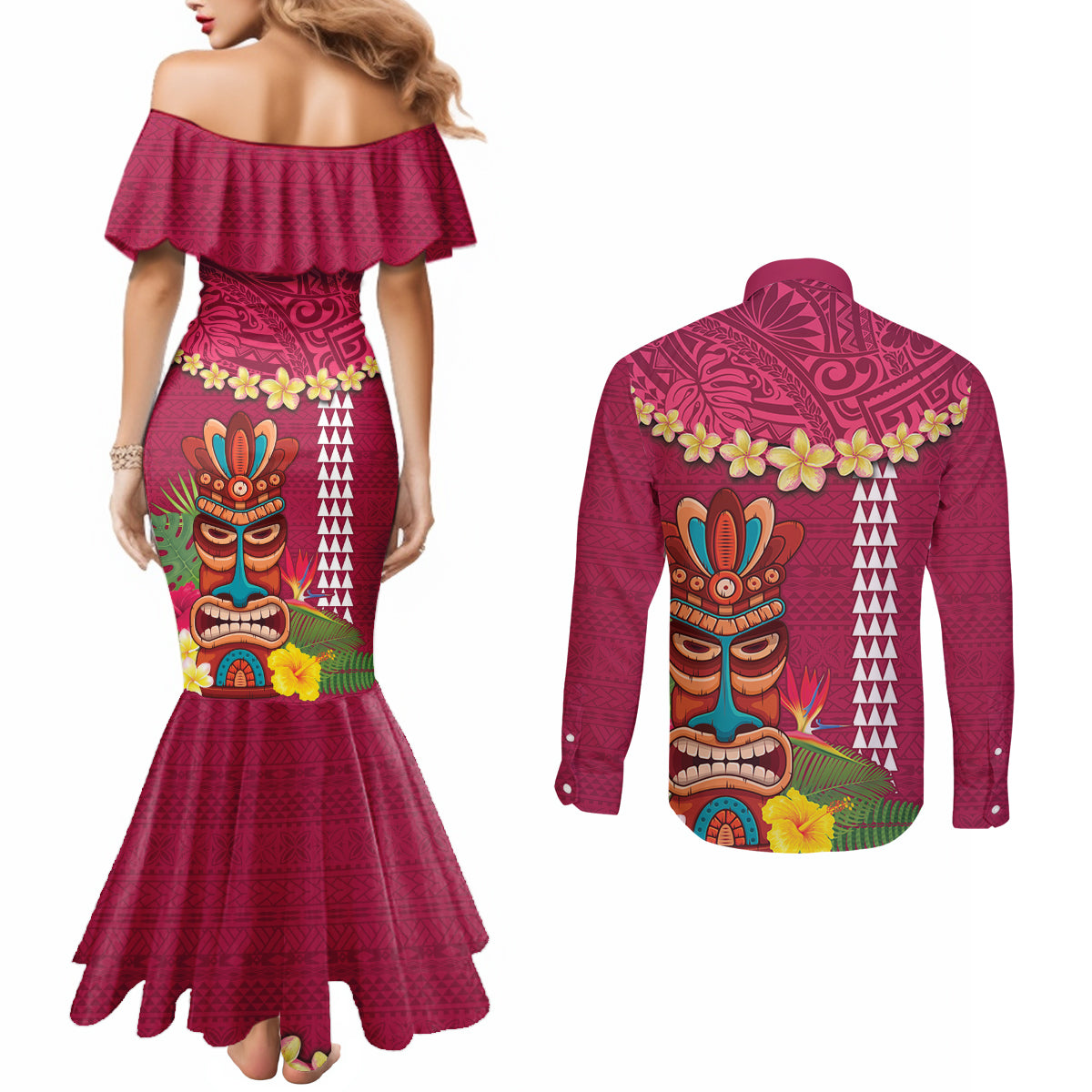 Hawaii Plumeria Lei Couples Matching Mermaid Dress and Long Sleeve Button Shirt Tiki and Kakau Pattern Pink Color