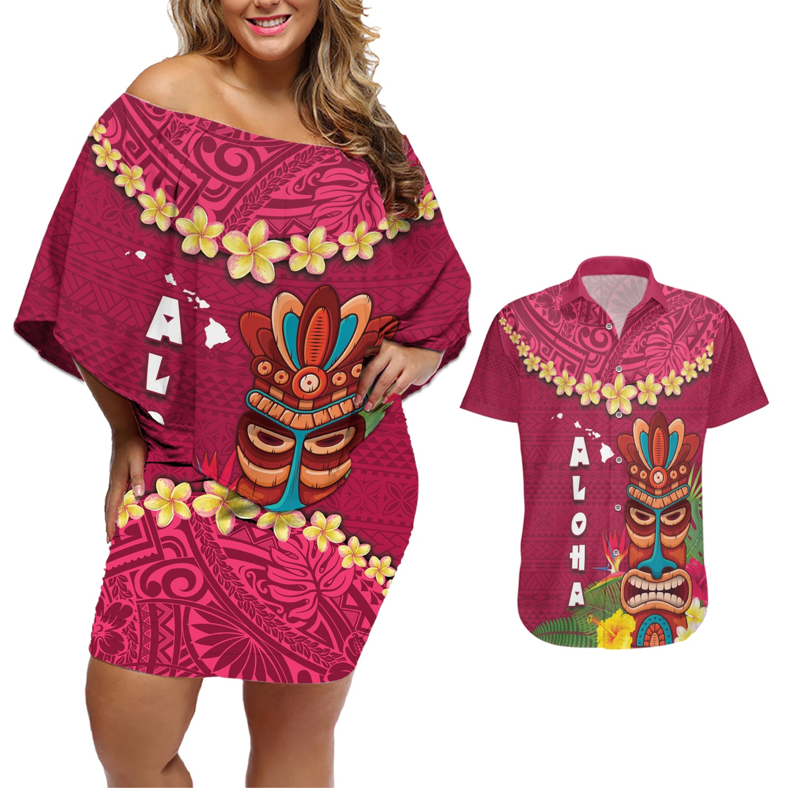 Hawaii Plumeria Lei Couples Matching Off Shoulder Short Dress and Hawaiian Shirt Tiki and Kakau Pattern Pink Color