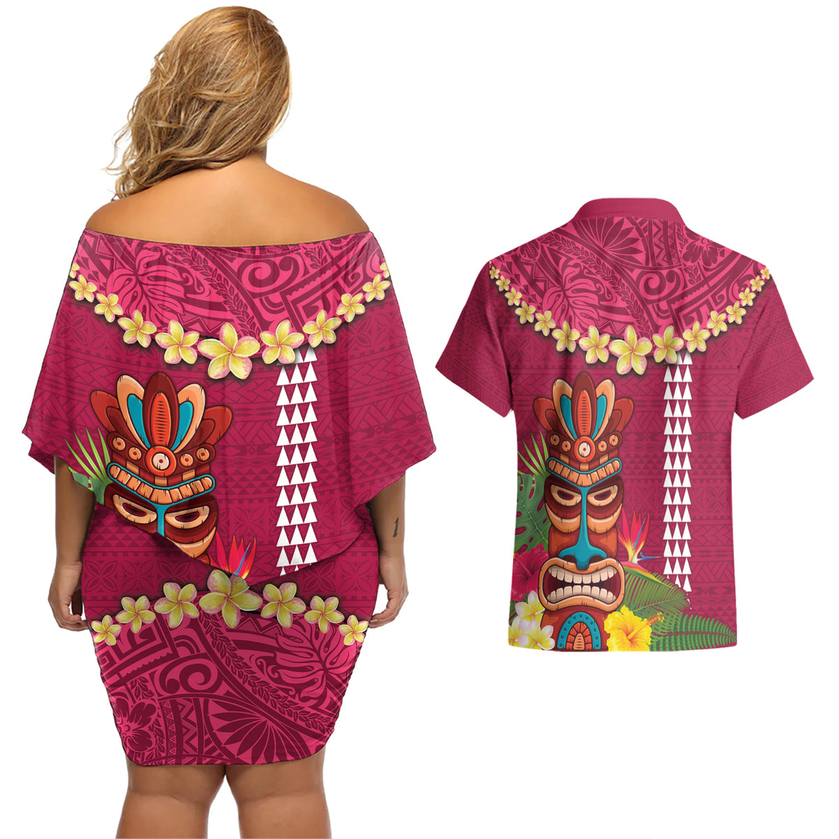 Hawaii Plumeria Lei Couples Matching Off Shoulder Short Dress and Hawaiian Shirt Tiki and Kakau Pattern Pink Color