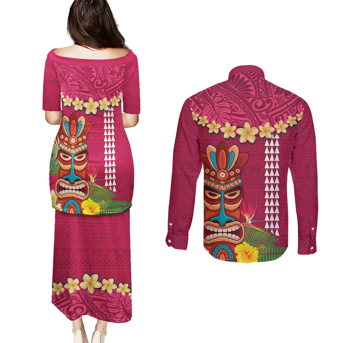 Hawaii Plumeria Lei Couples Matching Puletasi and Long Sleeve Button Shirt Tiki and Kakau Pattern Pink Color