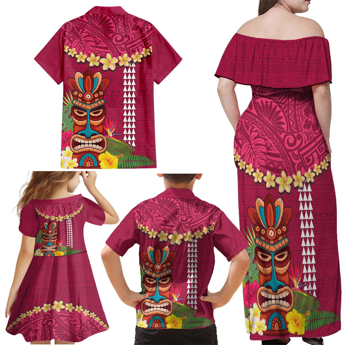 Hawaii Plumeria Lei Family Matching Off Shoulder Maxi Dress and Hawaiian Shirt Tiki and Kakau Pattern Pink Color