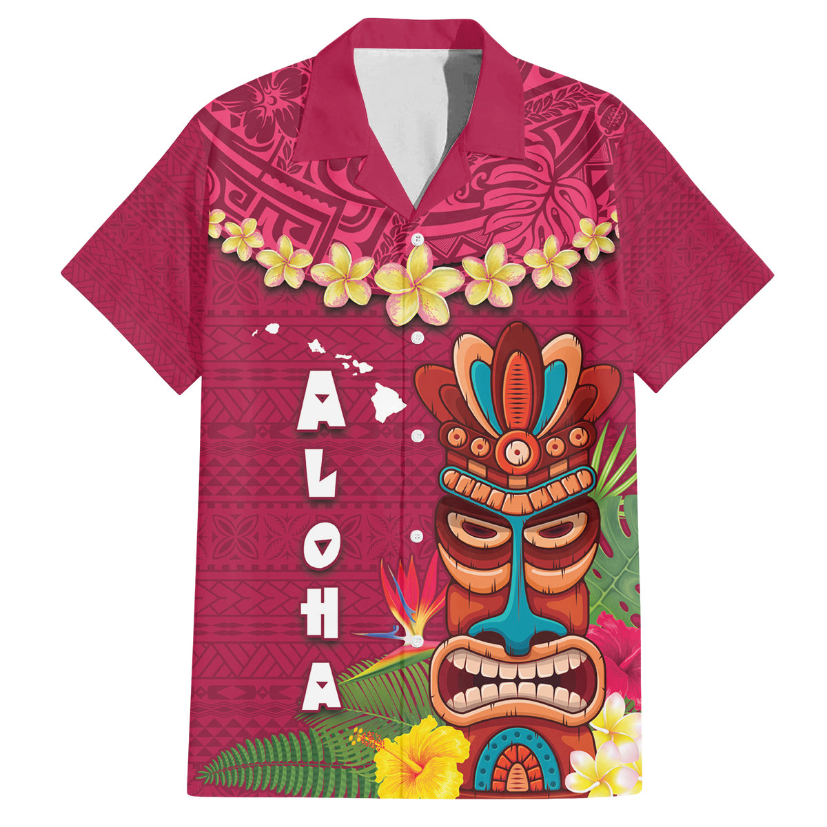 Hawaii Plumeria Lei Family Matching Off Shoulder Maxi Dress and Hawaiian Shirt Tiki and Kakau Pattern Pink Color
