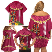 Hawaii Plumeria Lei Family Matching Off Shoulder Short Dress and Hawaiian Shirt Tiki and Kakau Pattern Pink Color