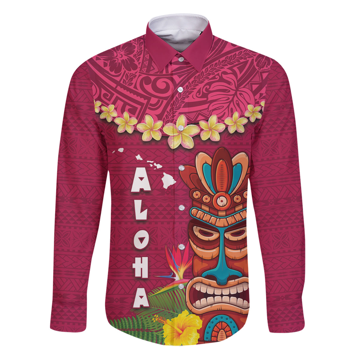 Hawaii Plumeria Lei Family Matching Tank Maxi Dress and Hawaiian Shirt Tiki and Kakau Pattern Pink Color