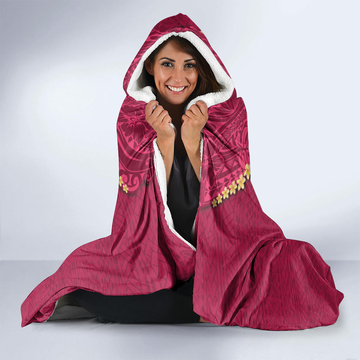 Hawaii Plumeria Lei Hooded Blanket Tiki and Kakau Pattern Pink Color