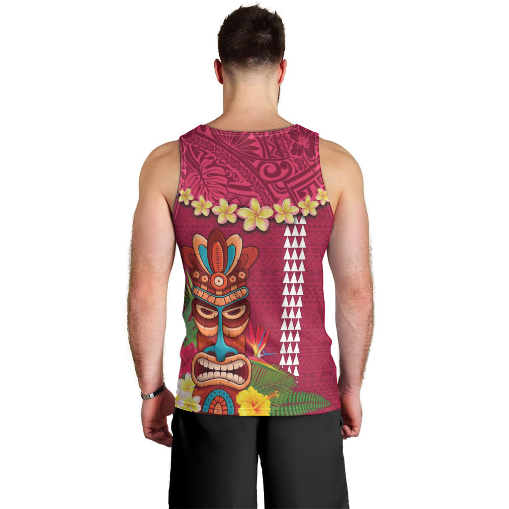 Hawaii Plumeria Lei Men Tank Top Tiki and Kakau Pattern Pink Color