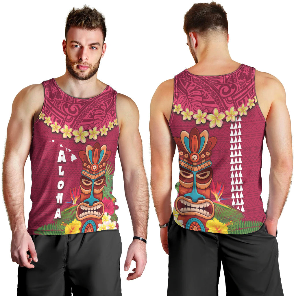 Hawaii Plumeria Lei Men Tank Top Tiki and Kakau Pattern Pink Color