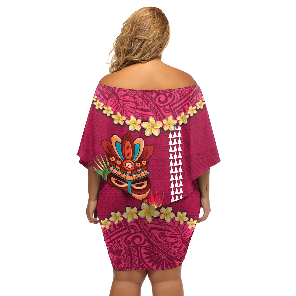 Hawaii Plumeria Lei Off Shoulder Short Dress Tiki and Kakau Pattern Pink Color