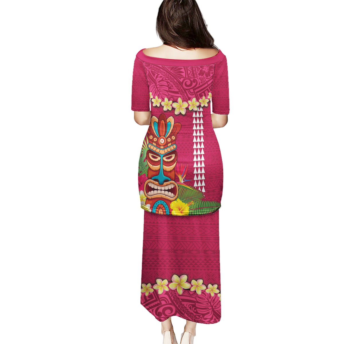 Hawaii Plumeria Lei Puletasi Tiki and Kakau Pattern Pink Color