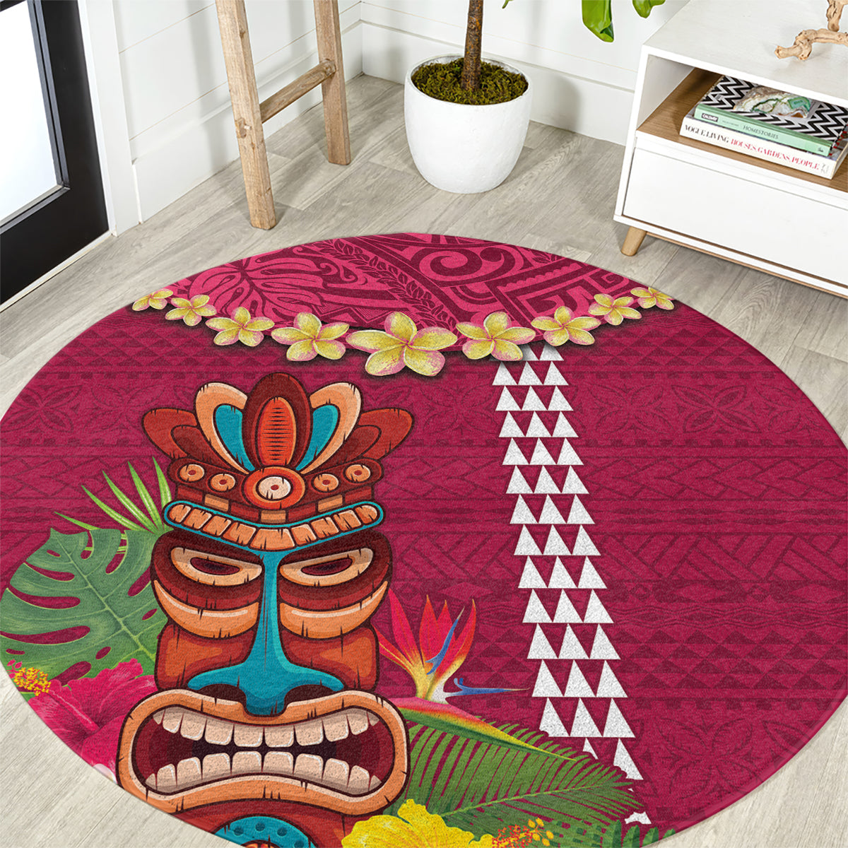 Hawaii Plumeria Lei Round Carpet Tiki and Kakau Pattern Pink Color LT03 Pink - Polynesian Pride