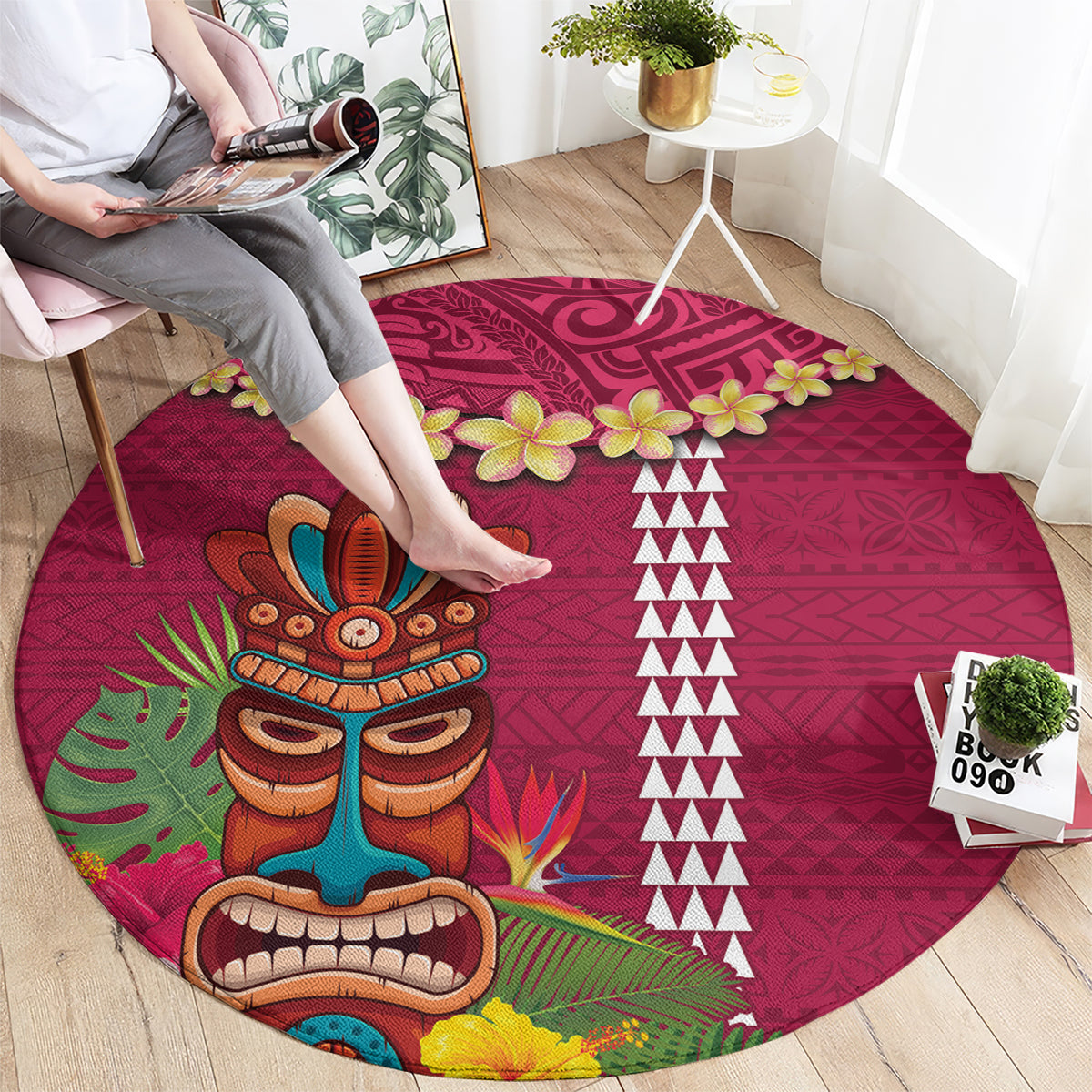 Hawaii Plumeria Lei Round Carpet Tiki and Kakau Pattern Pink Color LT03 - Polynesian Pride