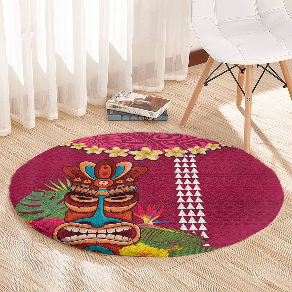 Hawaii Plumeria Lei Round Carpet Tiki and Kakau Pattern Pink Color LT03 - Polynesian Pride