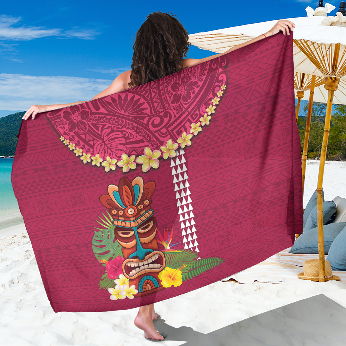 Hawaii Plumeria Lei Sarong Tiki and Kakau Pattern Pink Color LT03 One Size 44 x 66 inches Pink - Polynesian Pride
