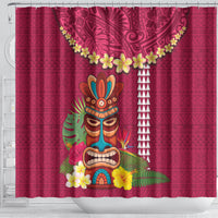 Hawaii Plumeria Lei Shower Curtain Tiki and Kakau Pattern Pink Color