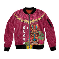 Hawaii Plumeria Lei Sleeve Zip Bomber Jacket Tiki and Kakau Pattern Pink Color