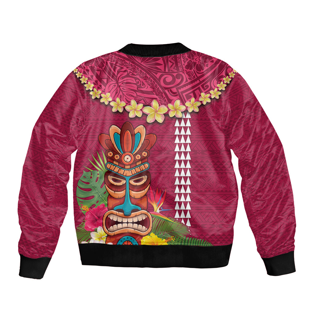 Hawaii Plumeria Lei Sleeve Zip Bomber Jacket Tiki and Kakau Pattern Pink Color