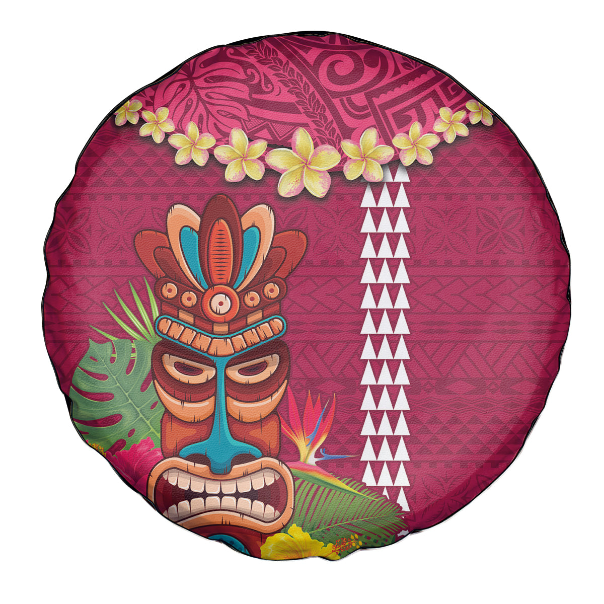 Hawaii Plumeria Lei Spare Tire Cover Tiki and Kakau Pattern Pink Color