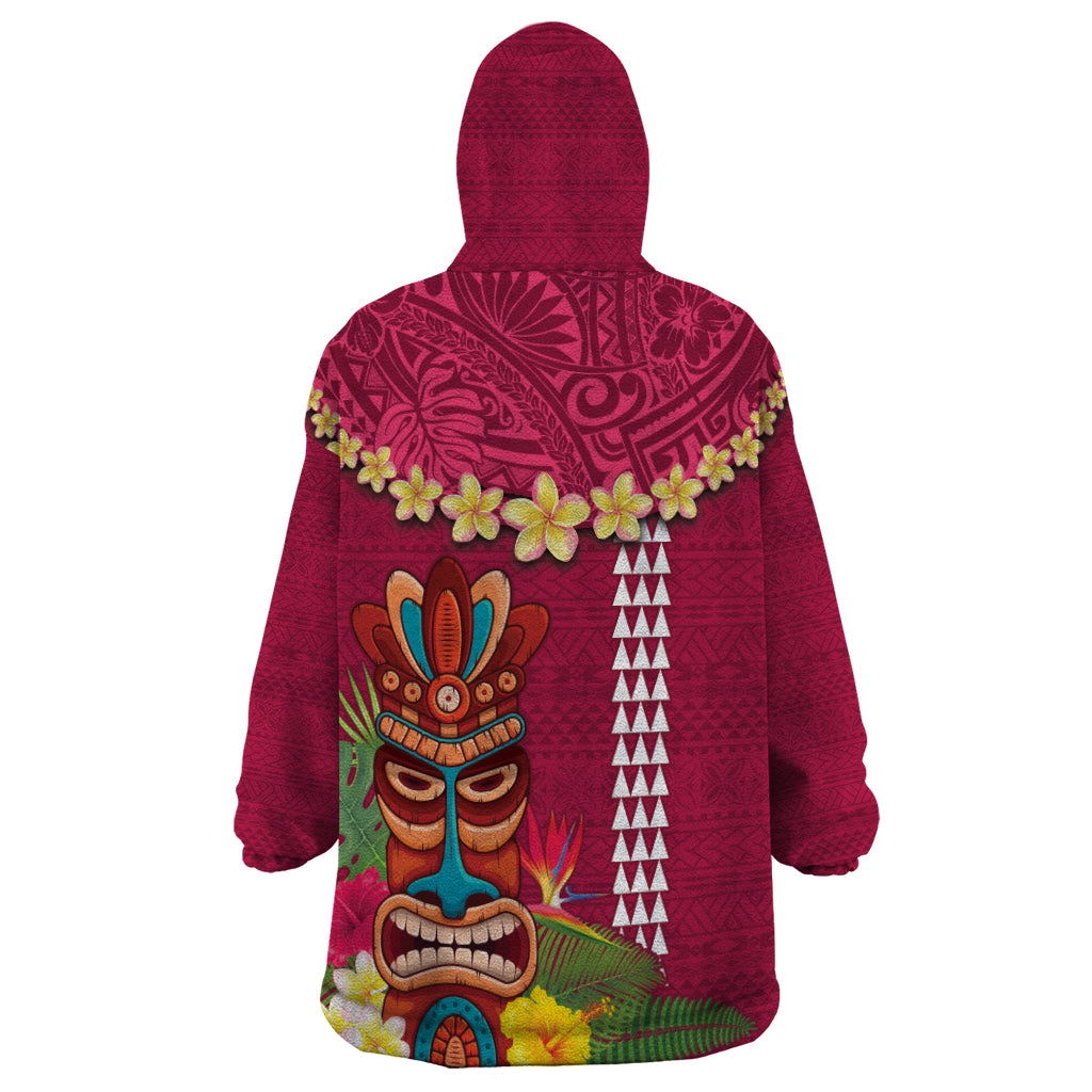 Hawaii Plumeria Lei Wearable Blanket Hoodie Tiki and Kakau Pattern Pink Color