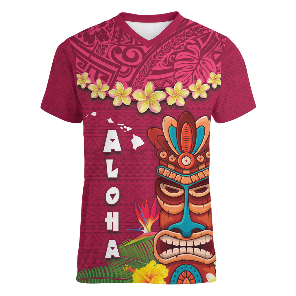 Hawaii Plumeria Lei Women V-Neck T-Shirt Tiki and Kakau Pattern Pink Color