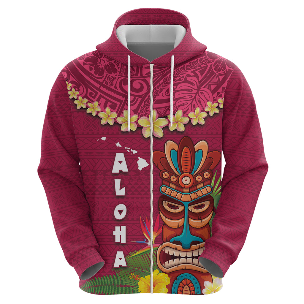 Hawaii Plumeria Lei Zip Hoodie Tiki and Kakau Pattern Pink Color