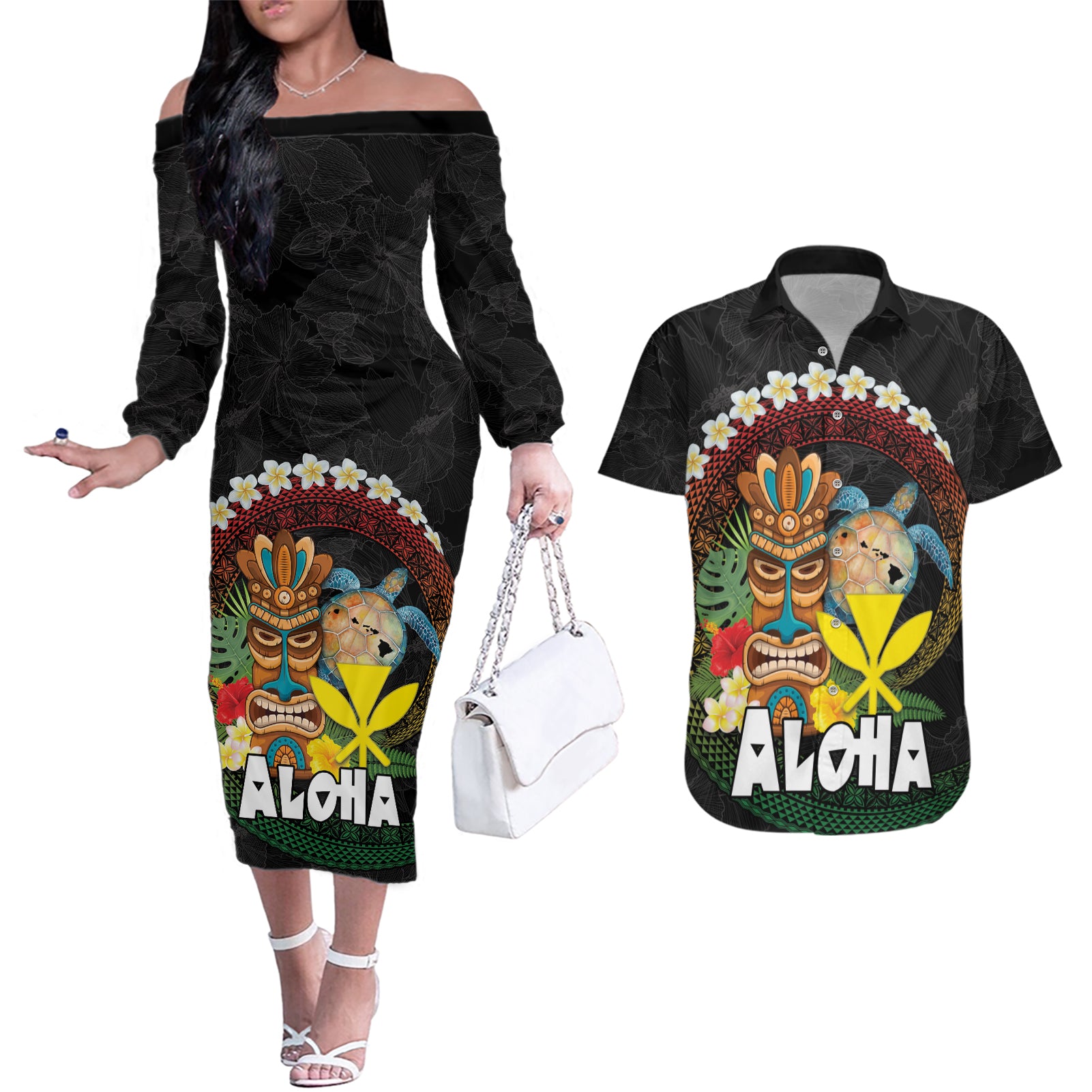 Aloha Hawaii Couples Matching Off The Shoulder Long Sleeve Dress and Hawaiian Shirt Kanaka Maoli with Polynesian Spiral Plumeria