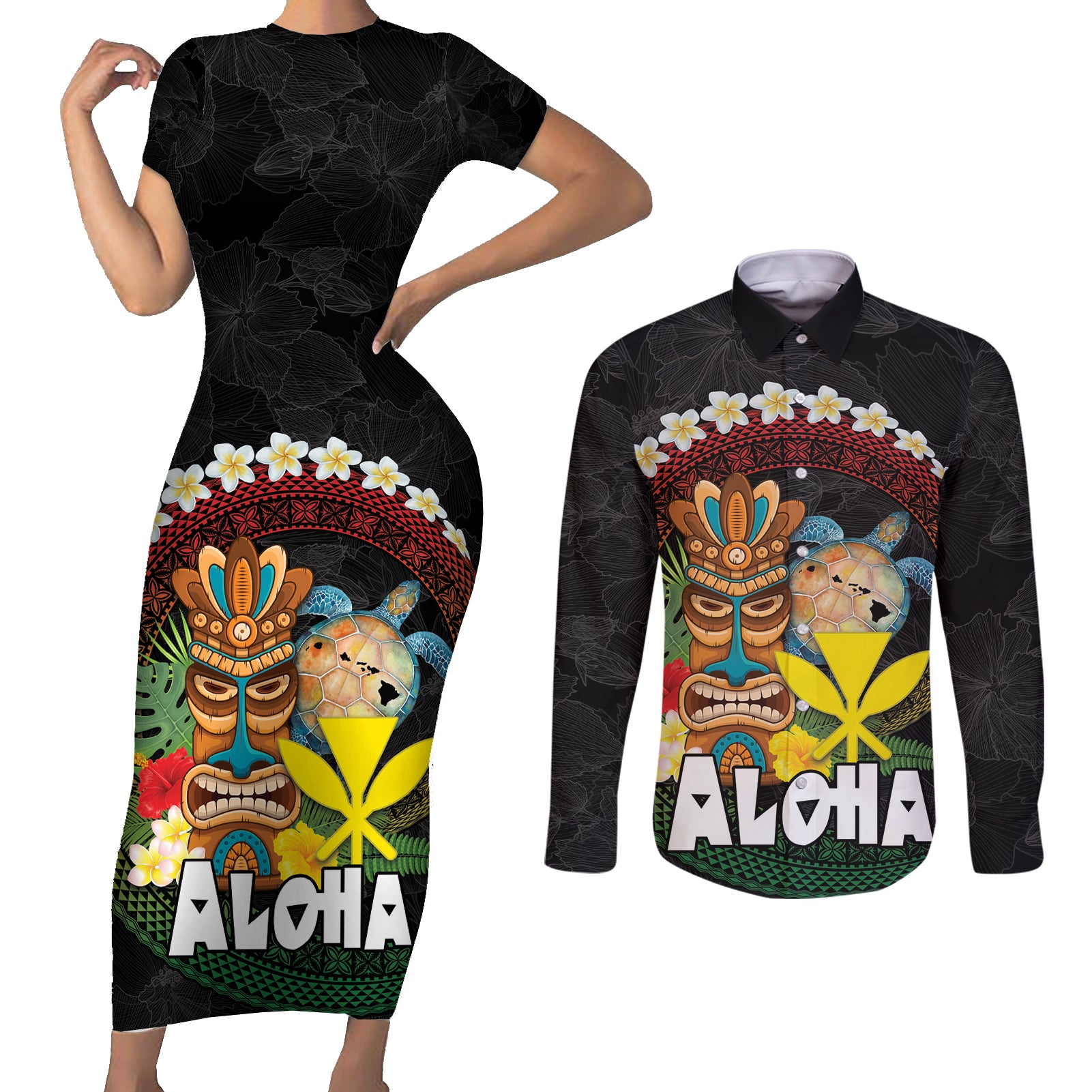 Aloha Hawaii Couples Matching Short Sleeve Bodycon Dress and Long Sleeve Button Shirt Kanaka Maoli with Polynesian Spiral Plumeria