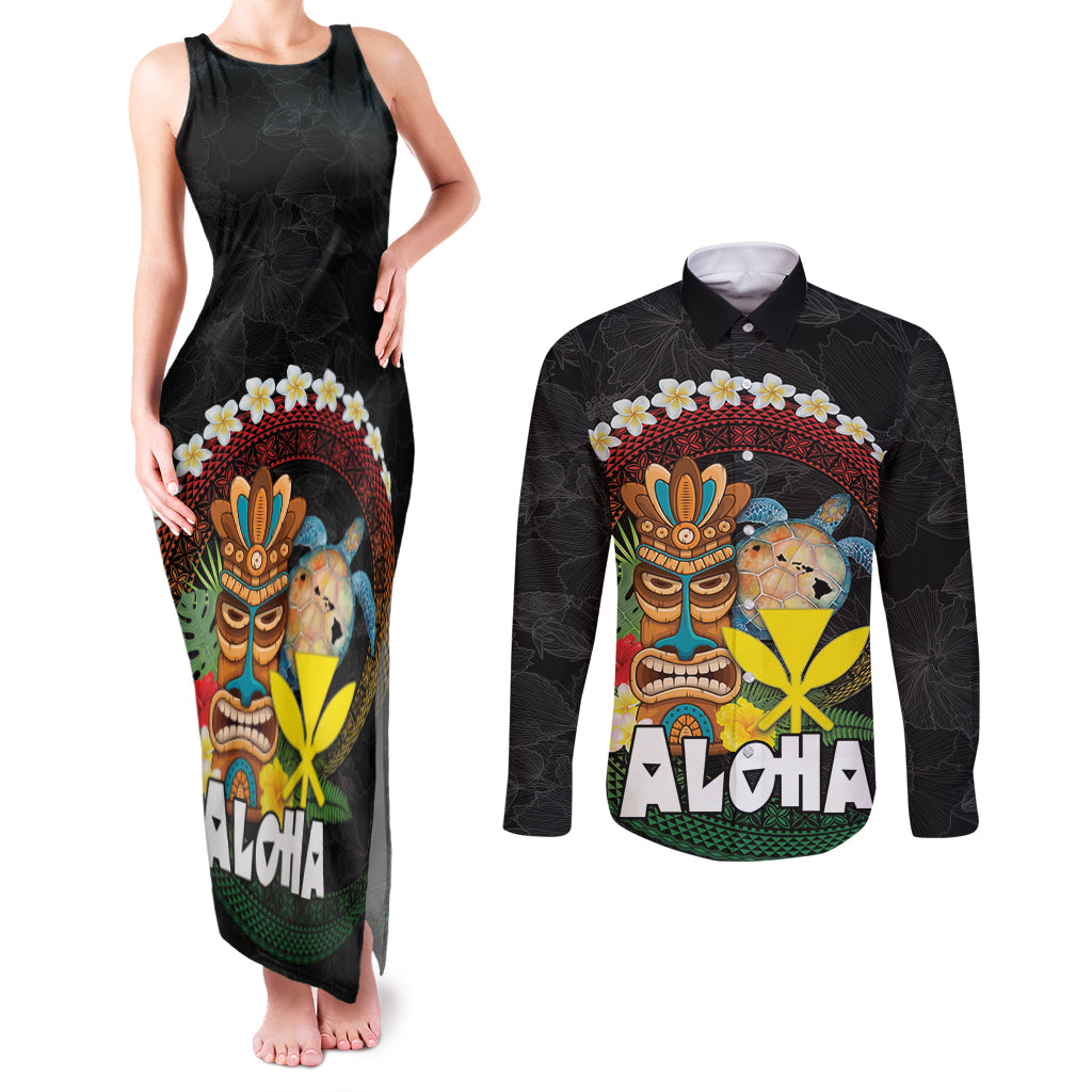 Aloha Hawaii Couples Matching Tank Maxi Dress and Long Sleeve Button Shirt Kanaka Maoli with Polynesian Spiral Plumeria