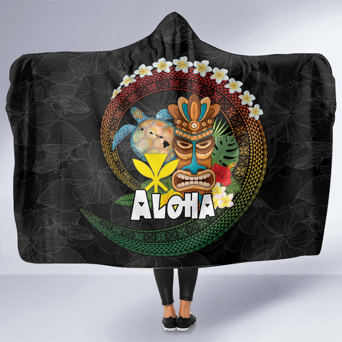 Aloha Hawaii Hooded Blanket Kanaka Maoli with Polynesian Spiral Plumeria