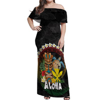 Aloha Hawaii Off Shoulder Maxi Dress Kanaka Maoli with Polynesian Spiral Plumeria