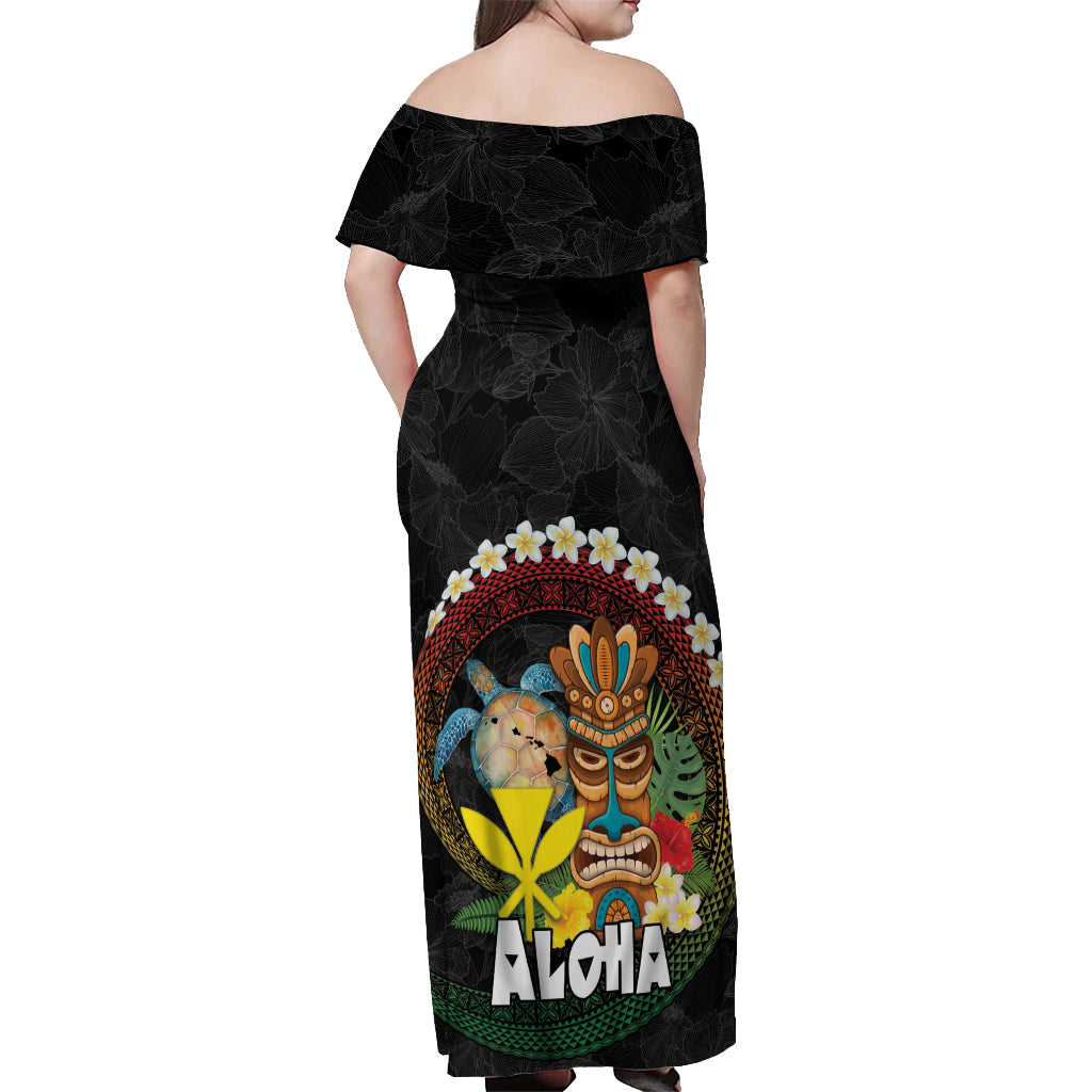 Aloha Hawaii Off Shoulder Maxi Dress Kanaka Maoli with Polynesian Spiral Plumeria