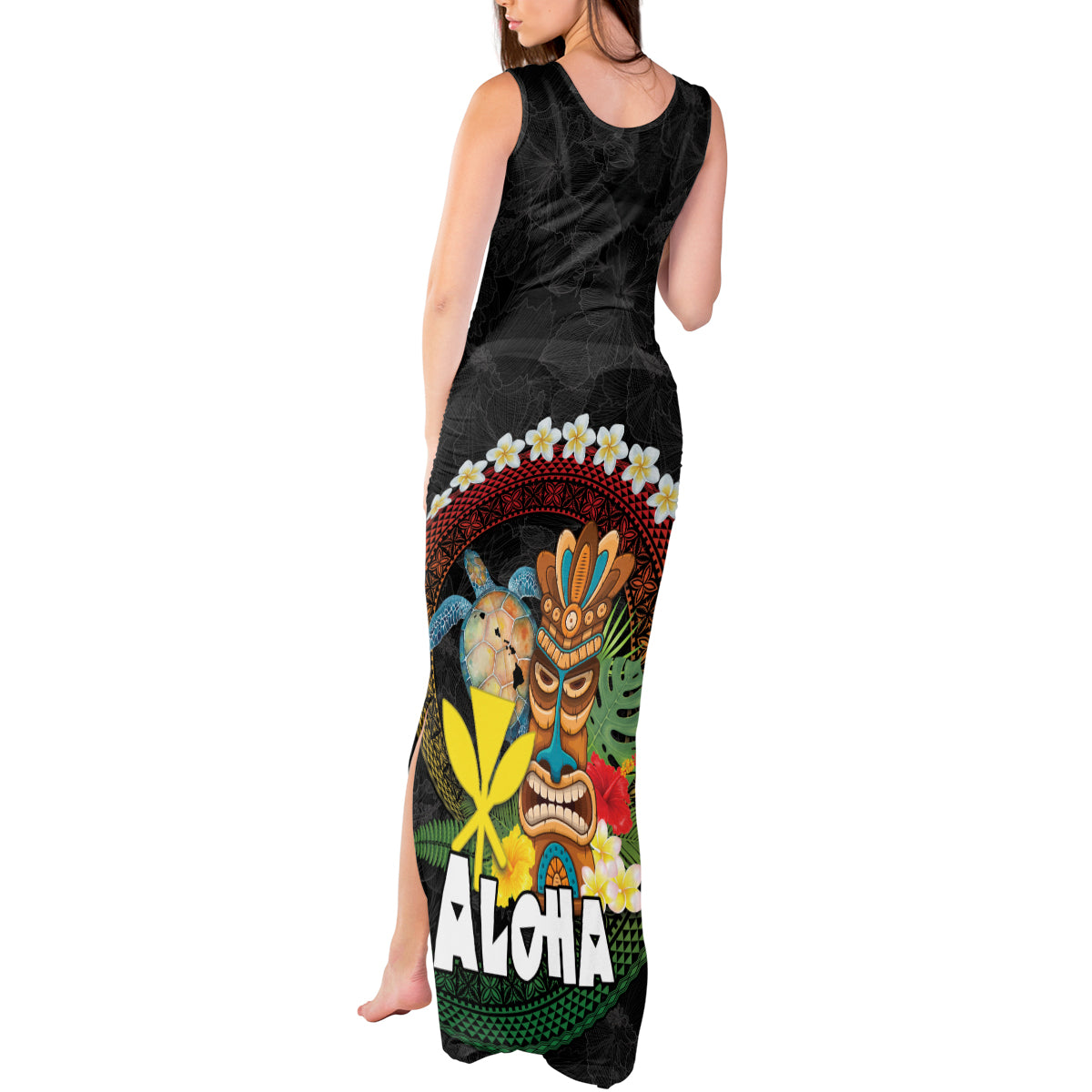 Aloha Hawaii Tank Maxi Dress Kanaka Maoli with Polynesian Spiral Plumeria